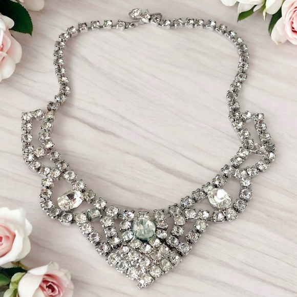 Vintage Art Deco Rhinestone Statement Bib Choker Necklace - Picture 1 of 7